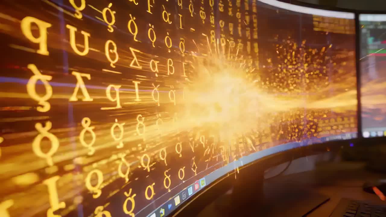 Sending streak from center-right curved monitor with glyphs spraying sparks near keyboard at desk