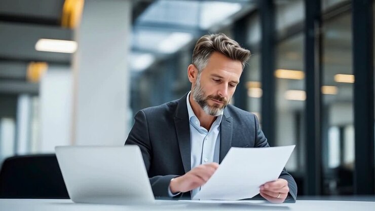 Businessman Reviewing Documents at Desk in Modern Office Environment