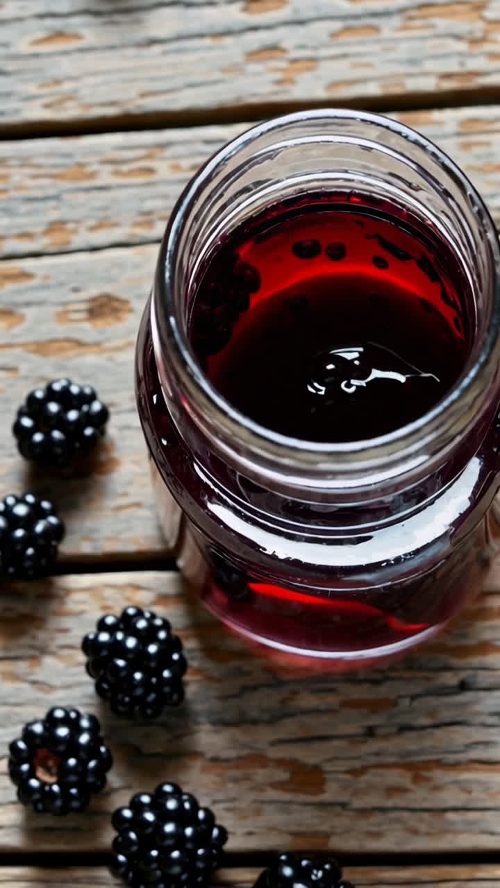 Blackberry Jam in a Jar on Wooden Table