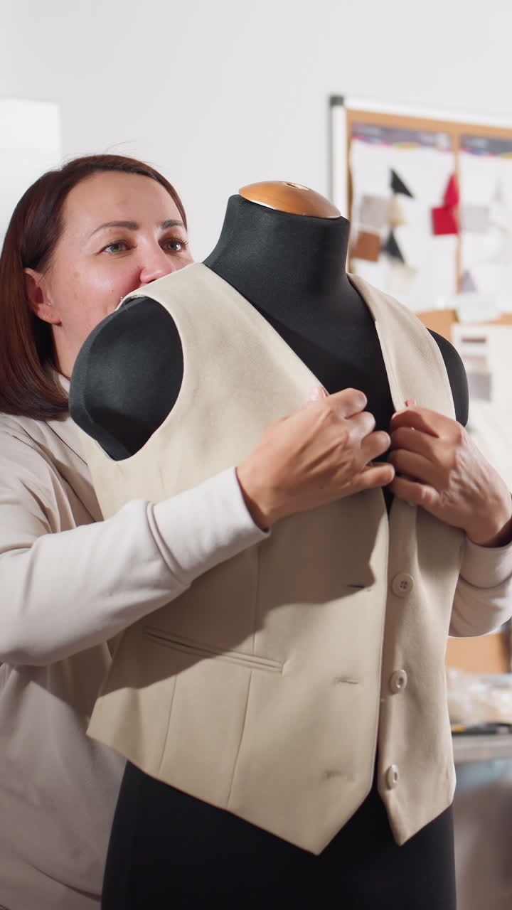 Studio approval fitted vest caucasian seamstress gives thumbs up while inspecting pockets and silhouette, upbeat energy, collaborative atelier with inspiration board in background