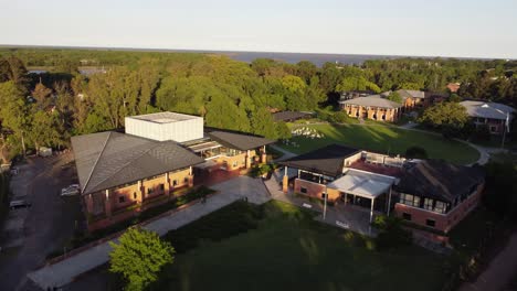 Aerial-orbit-shot-of-University-of-San-Andrés-in-Buenos-Aires-during-sunset-time