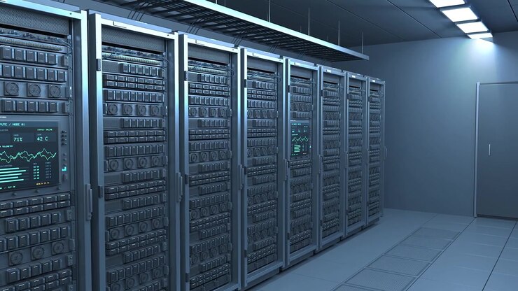 Sala server di un centro dati di intelligenza artificiale, infrastruttura di rete per il calcolo di big data