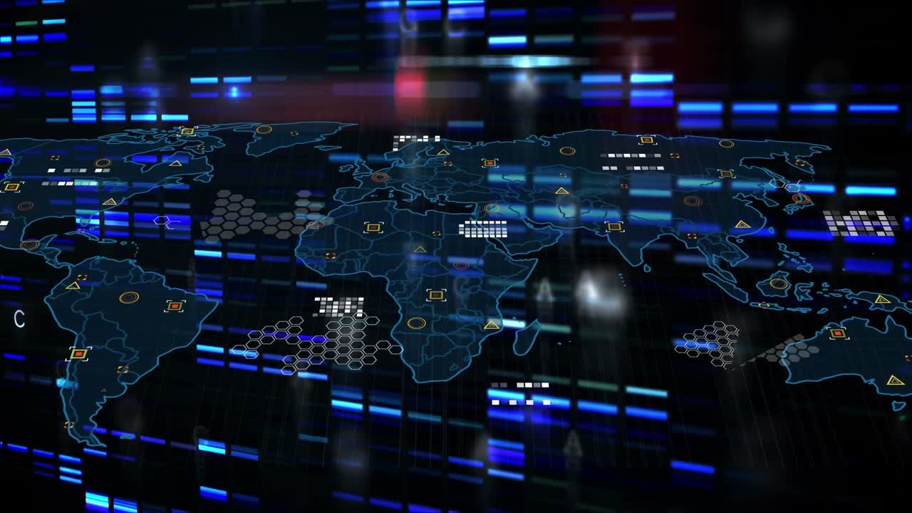 Animation of world map, financial graphs and data on black background