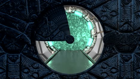 la escotilla metálica de piedra abre una vista panorámica a la escena del paisaje de la nave espacial. fondo abstracto 3d de corredor de ciencia ficción con portal. tecnología futurista abstracto vj para títulos tecnológicos y fondo.