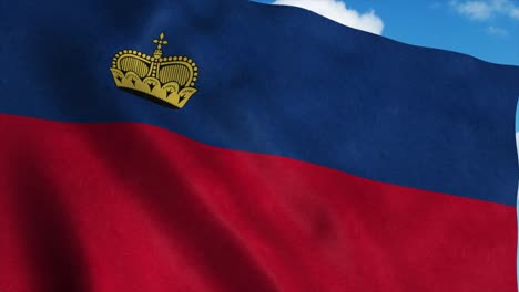 la bandera de liechtenstein ondeando en el viento, el fondo del cielo azul. 4k