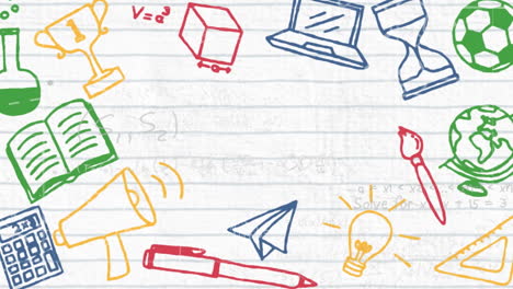 digital animation of school concept icons against mathematical equations on white lined paper