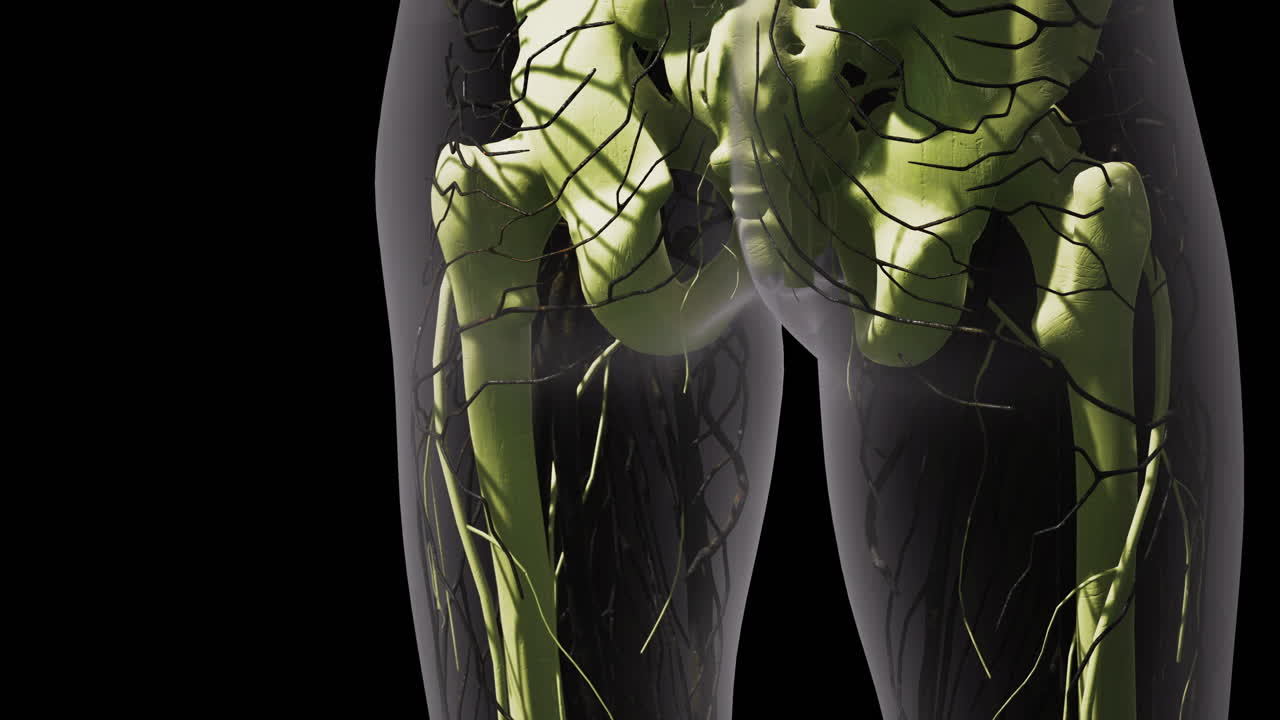 Detailed view of human blood vessels in lower limbs showcasing circulation