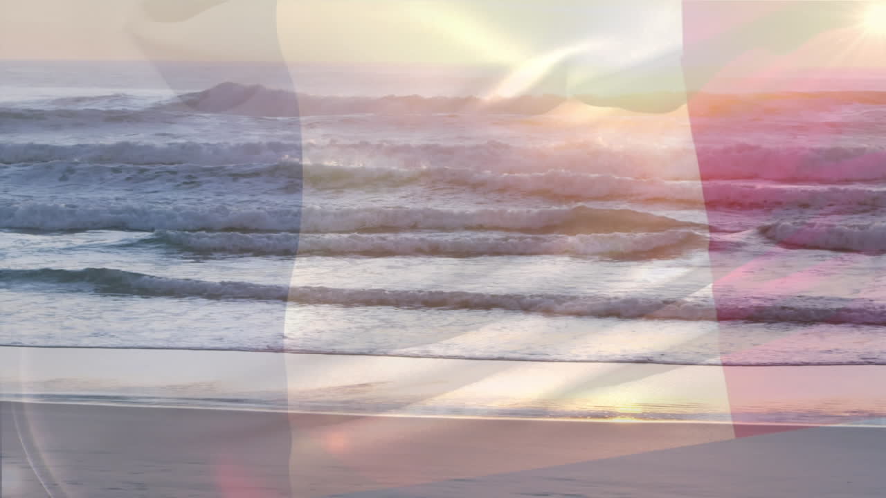 animación de la bandera de francia soplando sobre la ola en el mar