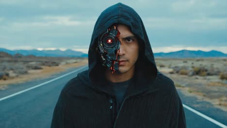 cyborg on a desert road