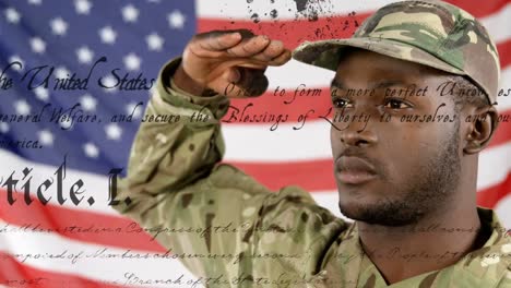 animation of american flag and text over african american male soldier saluting