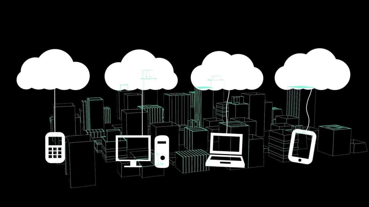 Animation of digital clouds and icons over 3d drawing of cityscape on black background