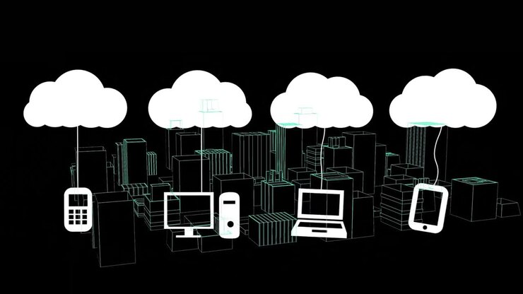 Animação de nuvens e ícones digitais sobre um desenho 3D de paisagem urbana em fundo preto