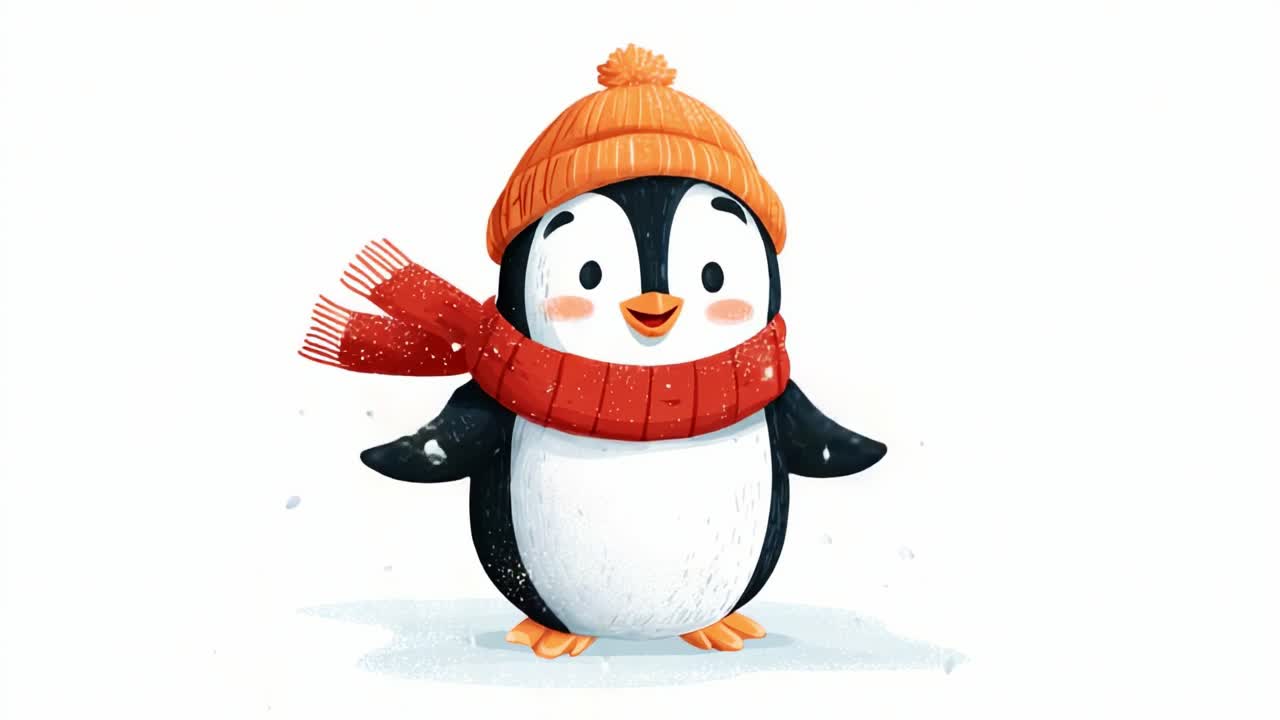 Charming animated penguin character wearing a bright orange hat and a cozy red scarf, bringing joy and warmth in a snowy winter atmosphere, perfect for festive holiday themes