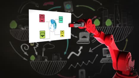 video generado digitalmente de una tarjeta de retención de brazo robótico rojo con icono de red
