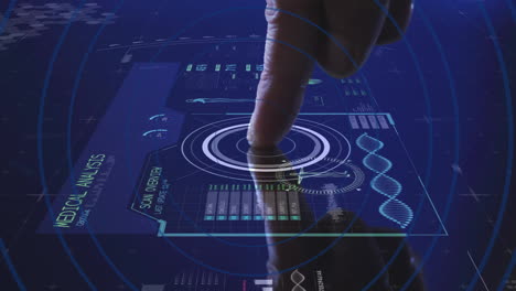 interacting with dna animation, finger touching futuristic medical analysis interface