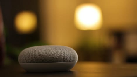 voice controlled mini speaker turns on a light in a smart home at night