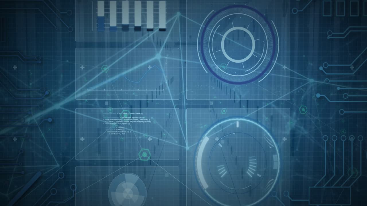 Animation of round scanner, network of connections and data processing against server room