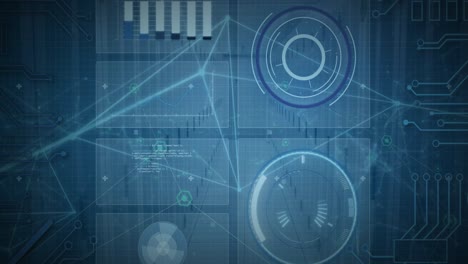 Animation-of-round-scanner,-network-of-connections-and-data-processing-against-server-room