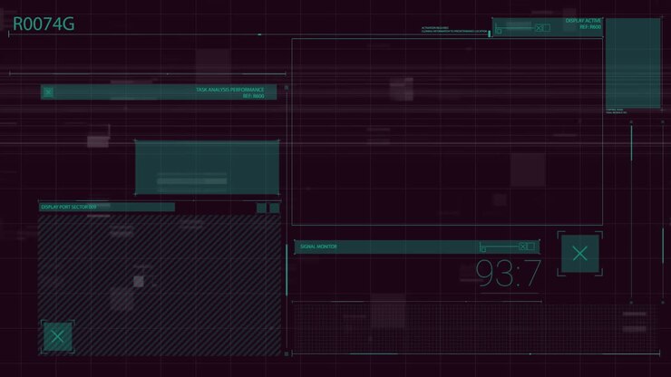 Animation of abstract interface over falling bars against black background