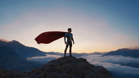 superhero standing atop a mountain at sunset