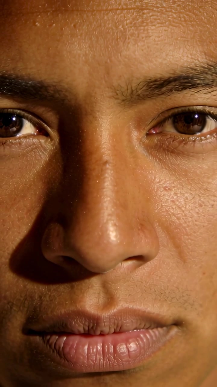 Vertical video: Zooming out, adult man holding gaze in studio, revealing skin pores and warm light