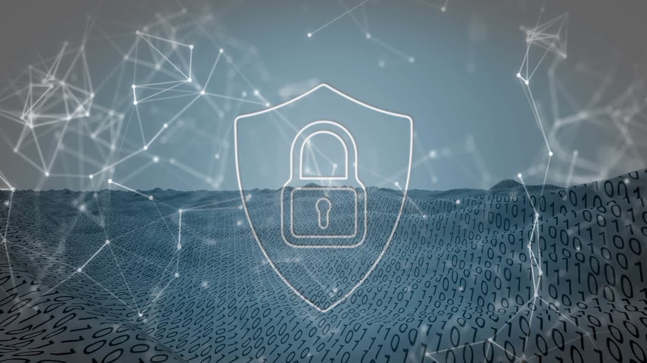 Animation of security padlock and network of connections against binary coding over digital wave