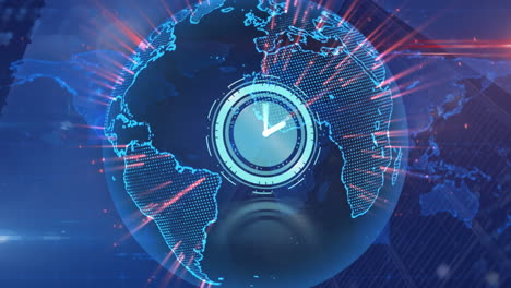 animación del reloj moviéndose rápidamente sobre el globo y el mapa del mundo