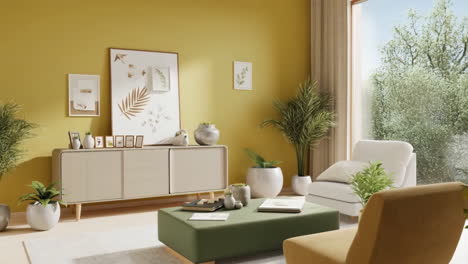 stylish green and yellow living room with abundant plants