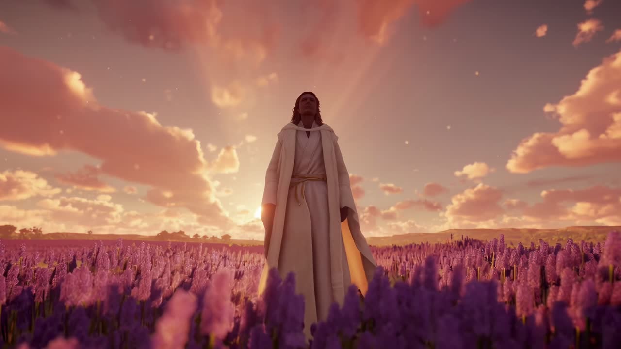 A low-angle video shot of a figure in a field of purple flowers at sunset, creating a serene
