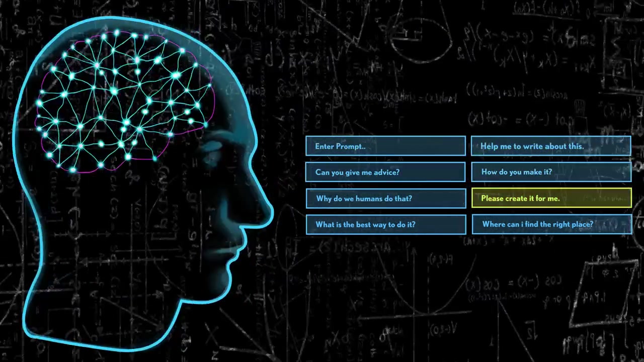 Glowing cyan head pulsing while menu highlight moving, causing node links and showing prompt flow