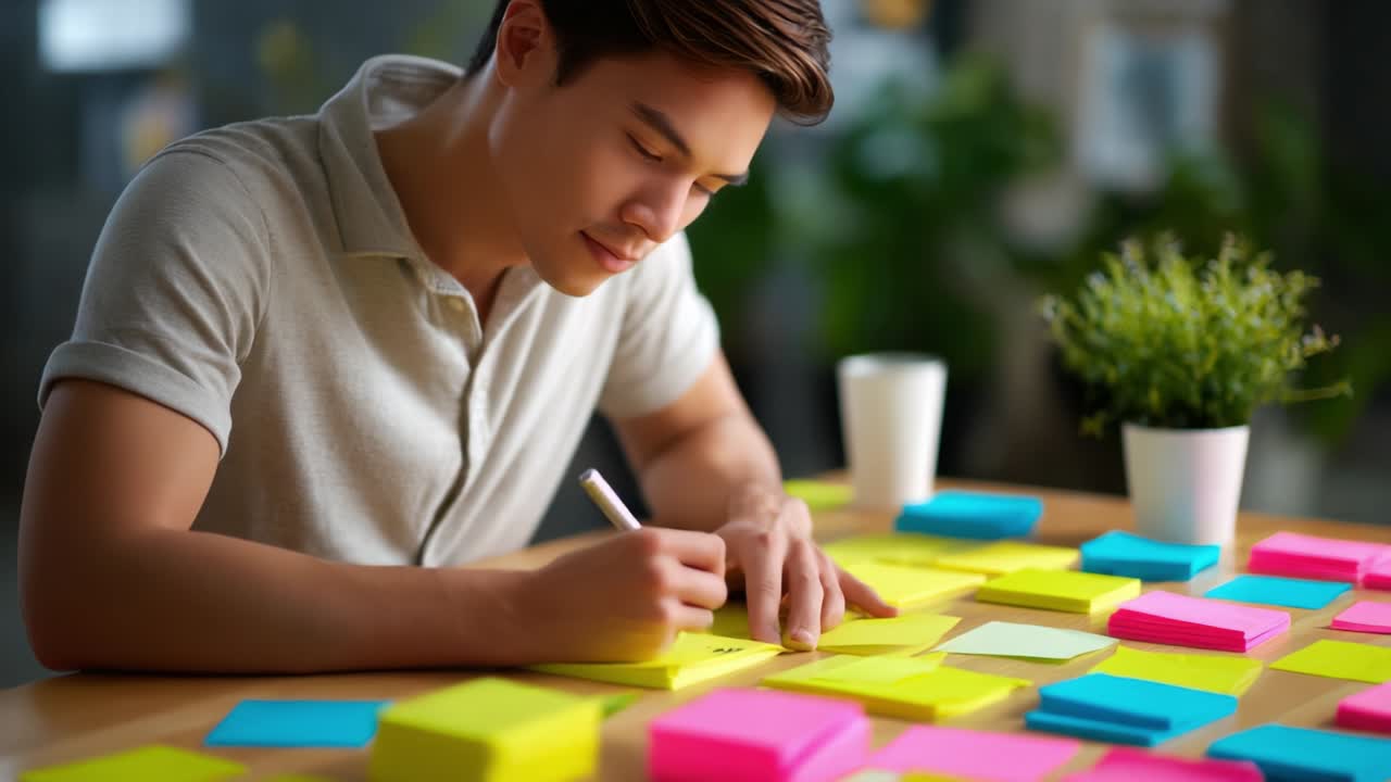 A focused young man deeply engaged in brainstorming ideas, using vibrant sticky notes in various colors to organize his thoughts and enhance productivity, in a bright and inspiring workspace atmosphere