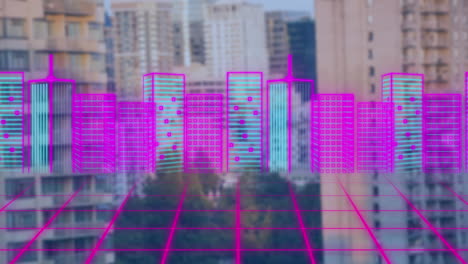 animation of data processing over grid and cityscape