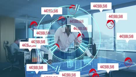 Animation-of-scanner,-rising-numbers-and-sick-people-icons-over-man-in-vr-headset-working-in-office