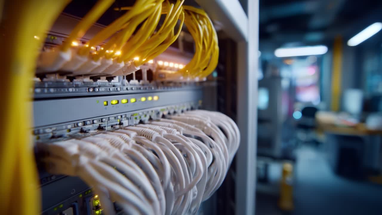 Detailed Close-up of a Network Server Rack with Illuminated Cables and Ports in a Modern Data Center Setting