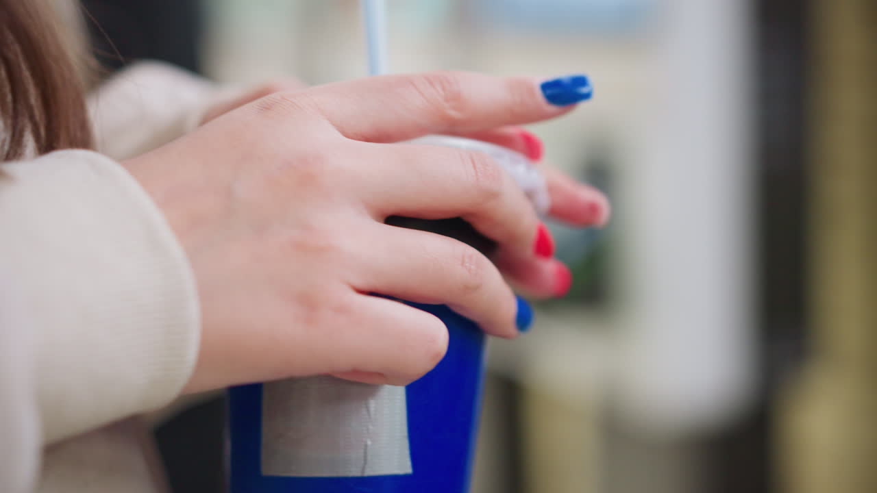 Close up of person adjusting cover of blue energy drink cup with red and blue nails, casual sleeve visible, indoor setting with blurred background