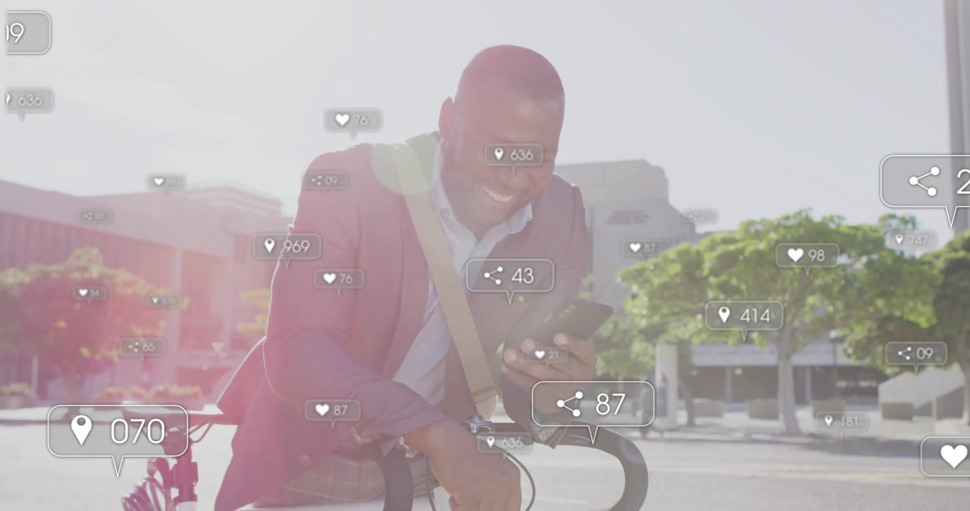 Male commuter pausing lifting smartphone watching social media share heart location icons updating