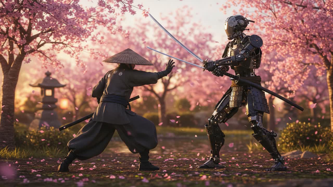 In a stunning cherry blossom garden, a fierce battle unfolds between a skilled warrior wielding traditional swords and a formidable armored robot, showcasing the clash of ancient and futuristic combat styles