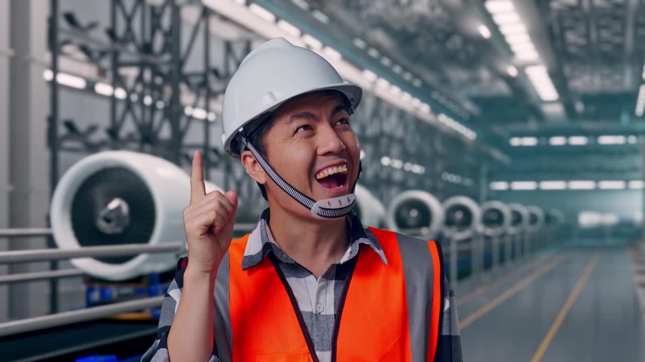 Nærbilde av en asiatisk mannlig ingeniør med vernehjelm som tenker og ser seg rundt, og deretter rekker opp pekefingeren mens han står, på en flymotorproduksjons- og monteringslinje i en moderne fabrikk.