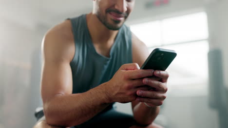 happy asian man, phone and typing in fitness