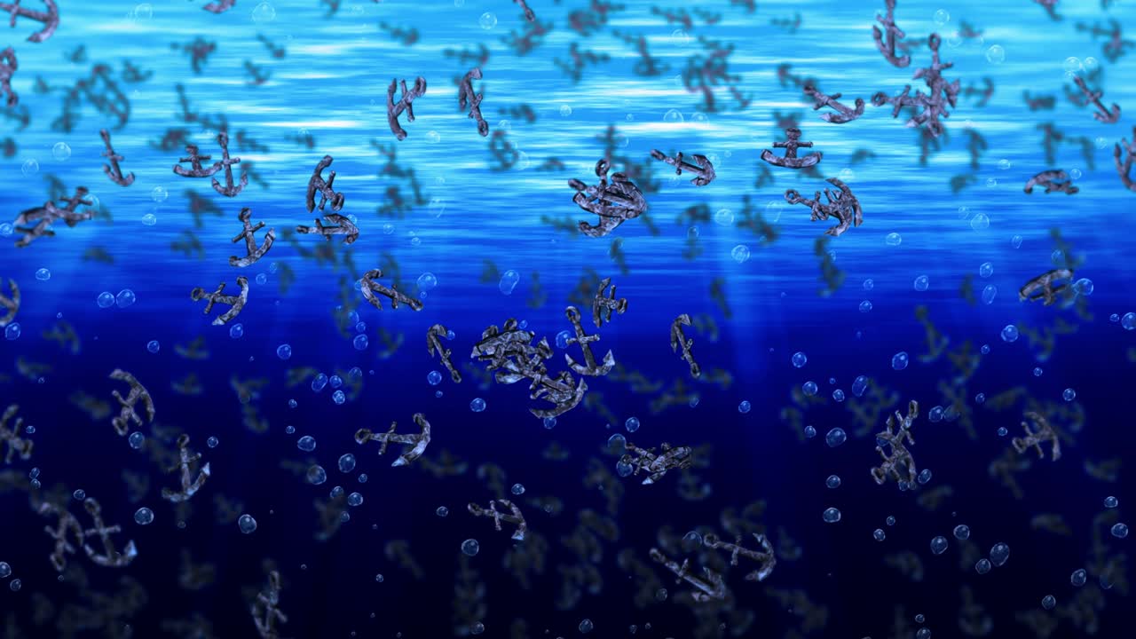 volando muchas anclas en agua azul. ancla de barco y barco. icono marino. animación de bucle 3d de ancla giratoria.