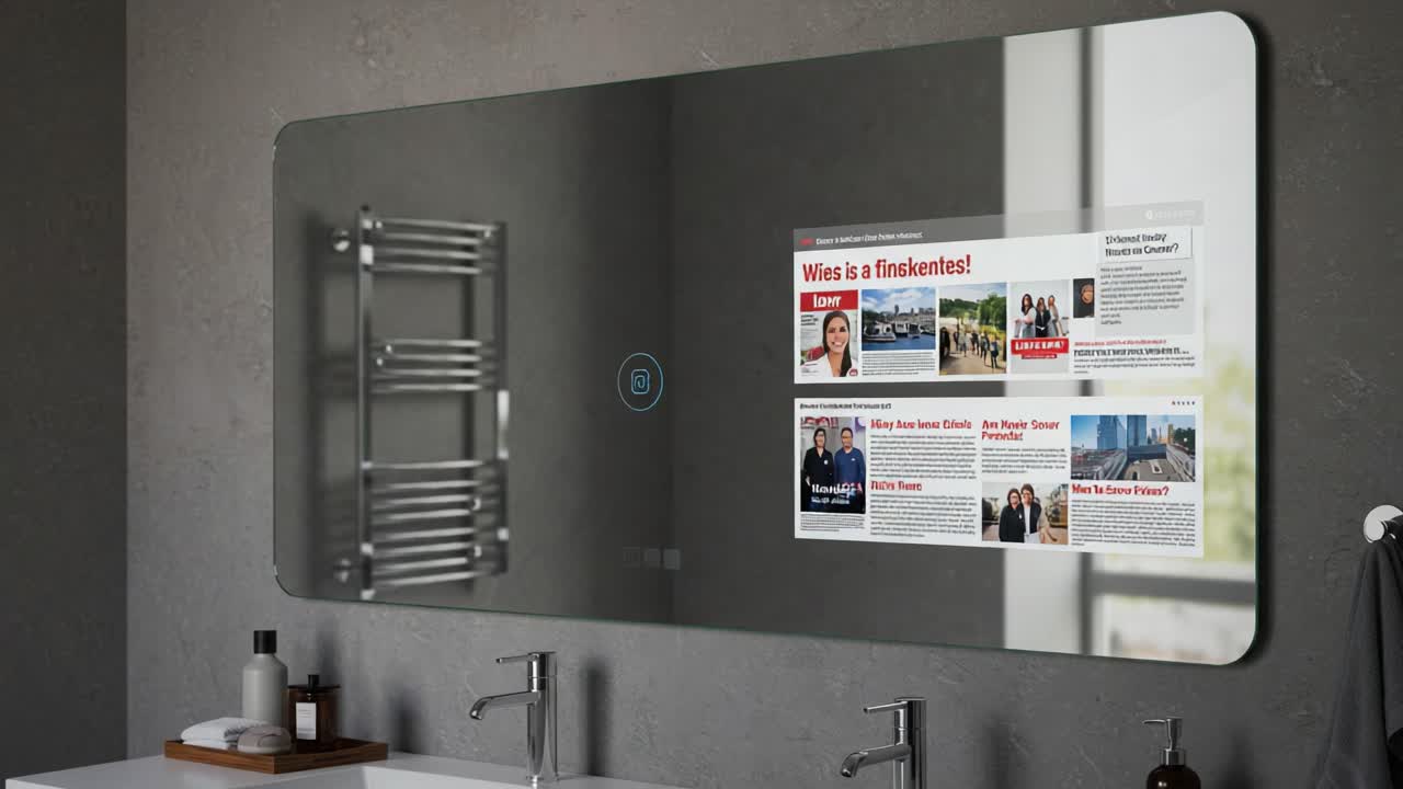 Modern Smart Mirror Displaying News Articles Reflecting Innovation in Home Technology and Interactive Media Integration in Bathroom Settings