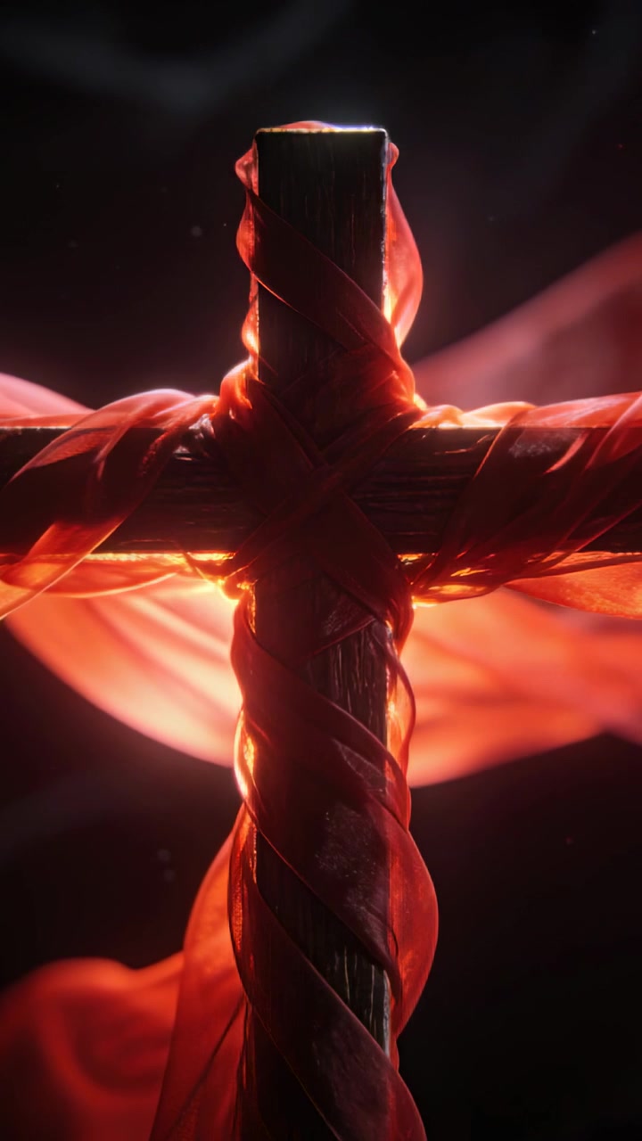 Vertical video: Backlight intensifying, red wrap cinching around wood cross in studio, forming knot