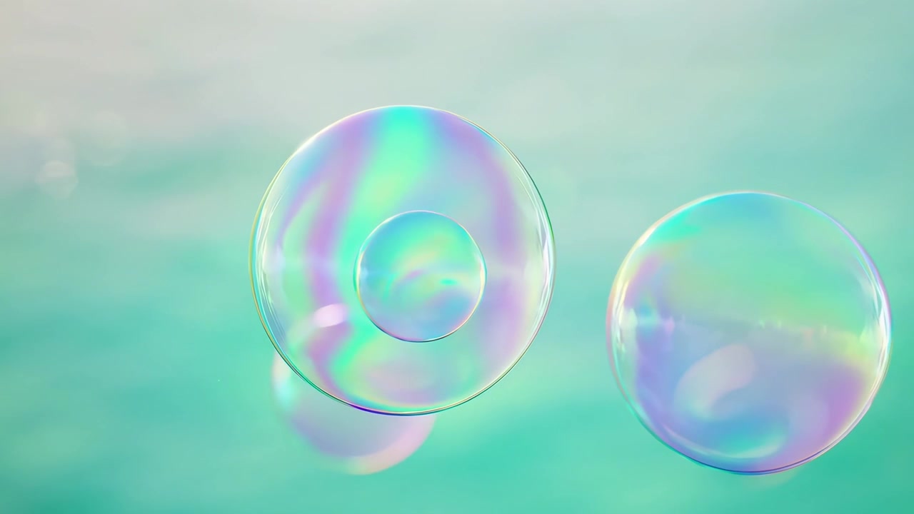 Iridescent Soap Bubbles Floating Against a Soft Gradient Background