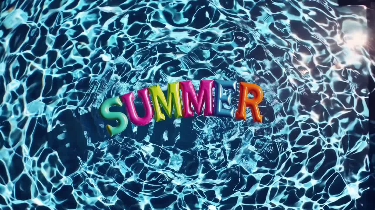 Vibrant summer-themed video with colorful floating letters on rippling water, capturing a playful
