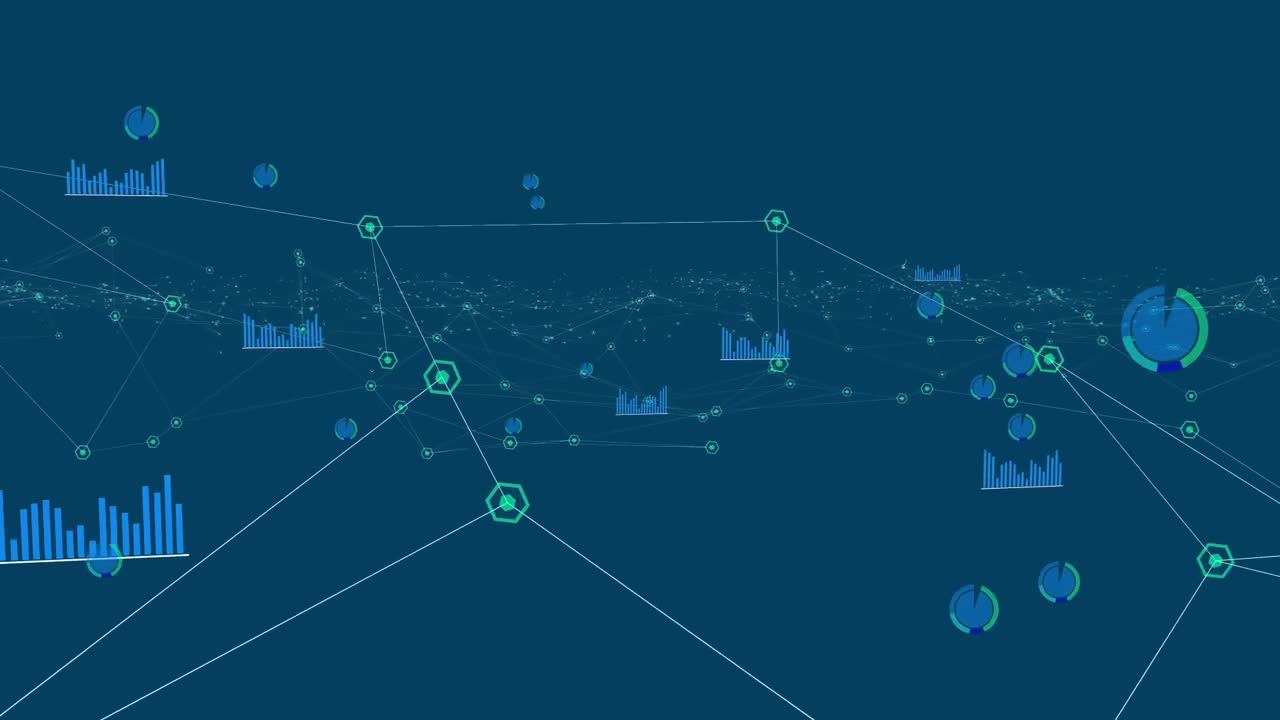 Animation of connected dots and graph icons over blue background