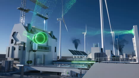 futuristic green energy system with wind turbines and solar panels