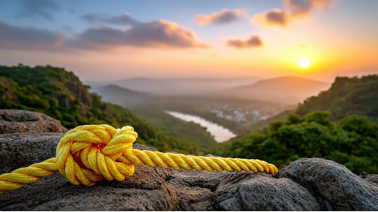 Mountain sunrise over valley. Bright morning light fills the valley as a rope lies on a rocky ledge, showcasing nature's beauty at dawn
