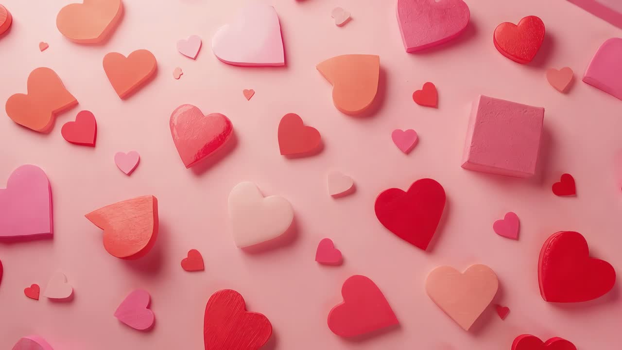 Camera in movimento che rivela pezzi a forma di cuore e blocco rosa su un tavolo rosa opaco, per San Valentino