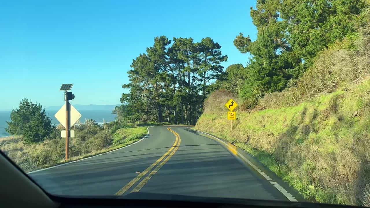POV shot from a moving vehicle on a windy cliff road near Shelter Cove along the coast of North California. 4K