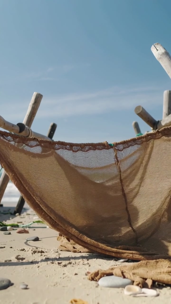 Vertical video: Rippling mesh net shifting in breeze on beach near poles, camera lifting for drying
